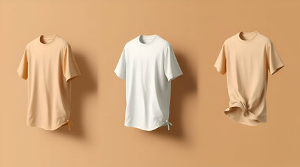Apparel mockups in a modern flat design featuring dynamic motion, natural earth tones, simple two-dimensional shapes, browns, beiges, muted colors, and blurred lines