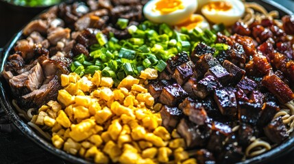 Delicious ramen noodles with various meats, corn, egg, and green onions in a bowl.