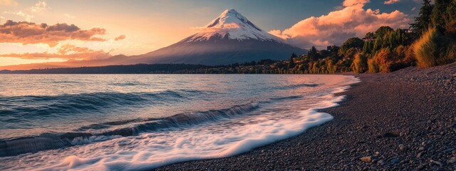 Serene landscape of a mountain at sunset by the water's edge.