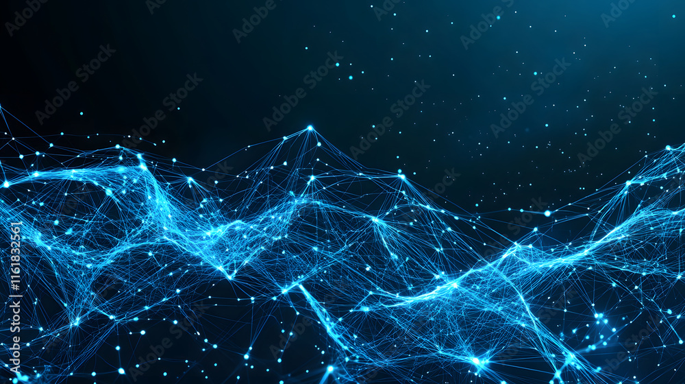 Poster abstract digital waves with glowing blue particles in a dark background