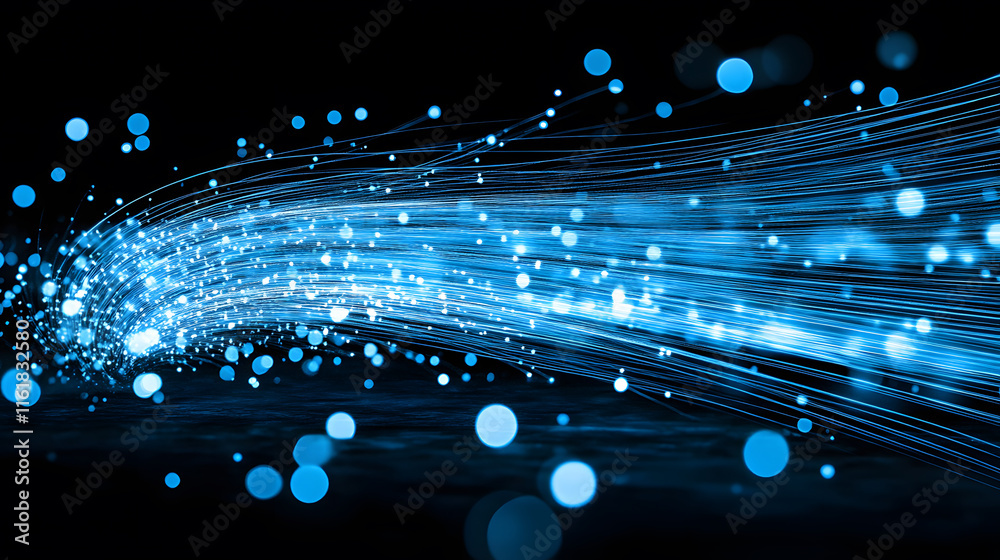 Poster Dynamic blue light trails creating a sense of motion against a dark background
