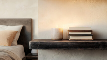 Dark Wooden Shelf with Ceramic Candle and Books in Cozy Sepia-Toned Bedroom  
