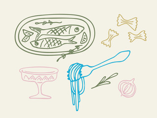 Minimalist vector illustration featuring a fish on a platter, a fork with pasta, bowtie pasta, an herb sprig, an onion, and a decorative stand. Ideal for culinary designs