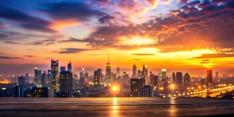 Fototapeta premium Softly glowing sunset with blurred cityscape background in the distance , sunset, urban landscape