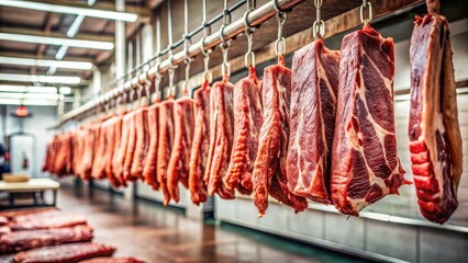 Raw beef hanging in a butcher shop, meat, grocery,  meat