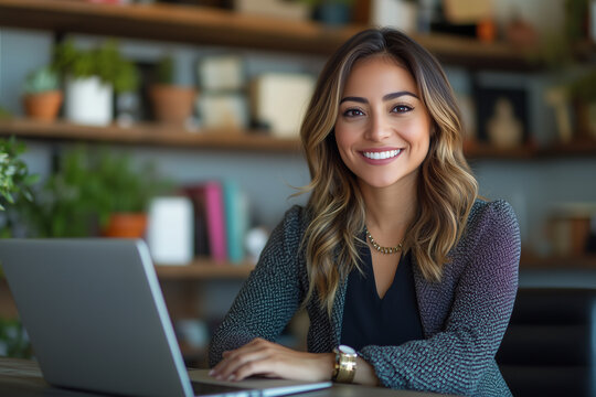 Hispanic entrepreneur in her 30s seated at a modern desk with a laptop, smiling confidently in a clean and bright office space