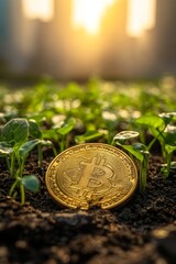 A shiny gold coin rests on a newly sprouted green plant. It is a symbol of growth and prosperity.