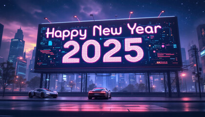 a cityscape at night with a large billboard displaying "Happy New Year 2025" in pink neon lights, set against a backdrop of illuminated skyscrapers and a starry sky