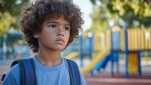 Serious young boy of mixed heritage with curly hair holding backpack against playground backdrop