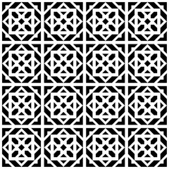Seamless black and white geometric pattern with abstract and symmetrical shapes. Suitable for backgrounds, wallpapers, textiles, fabrics and various creative projects.