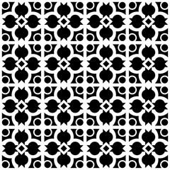 Seamless black and white geometric pattern with floral motifs and abstract shapes. Suitable for backgrounds, wallpapers, textiles, fabrics and various creative projects.
