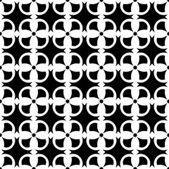 Seamless black and white geometric pattern with floral motifs and abstract shapes. Suitable for backgrounds, wallpapers, textiles, fabrics and various creative projects.