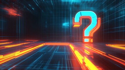 Glowing question mark in futuristic digital space.