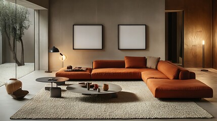 Modern orange sectional sofa in minimalist living room with large windows, two framed artworks, floor lamp, and coffee tables.