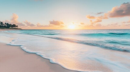 Fototapeta premium Serene Sunset on Tropical Beach: Waves Gently Kissing the Shore