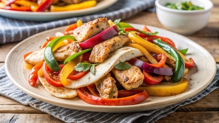 Chicken fajitas with colorful peppers and onions on a plate