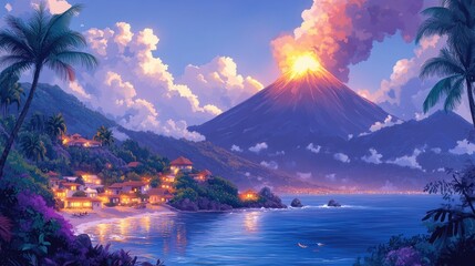 Tropical beach village at sunset with erupting volcano.