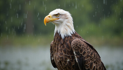 Fototapeta premium Bald eagle observing in the rain