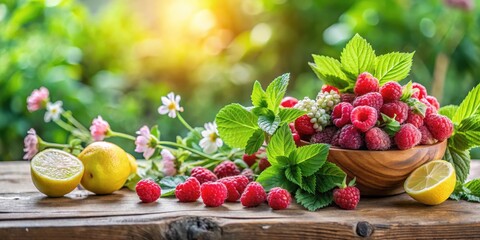 Fresh Himbeeren mit Melisse on a wooden table, flowers, nature,  flowers, nature, herbs, culinary, herbal tea