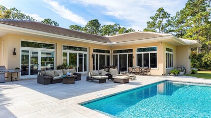 Fototapeta premium A home with a spacious patio, outdoor seating, and a pool, perfect for summer gatherings.