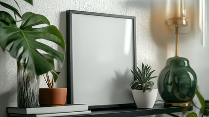Empty frame with plants on modern shelf