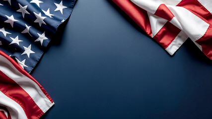 Flat American Flag on Navy Blue Background with Free Space