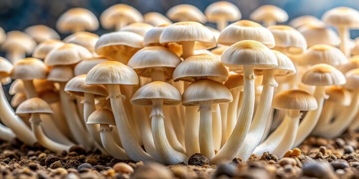 Close up of Psilocybe Cubensis Albino mushrooms growing on a cultivation substrate , hallucinogenic