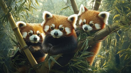 Obraz premium Adorable Red Pandas Trio in Bamboo Forest