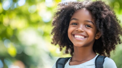Bright Smiles of Education - Close-up of Little African Girl Joyfully Wearing School Bag with Blurred Foliage Background