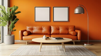 Orange living room interior with leather sofa, coffee table, plant, and floor lamp.