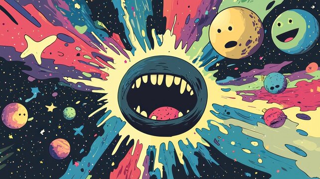 A humorous cartoon of a black hole eating planets, with lighthearted elements like stars with funny expressions