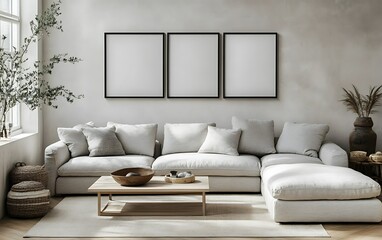 Modern living room interior with sectional sofa, three blank frames, wooden coffee table, and natural decor.