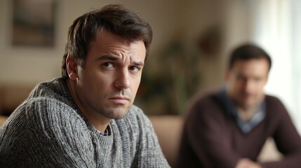 Fototapeta premium A husband with a frown, watching his wife enjoy a conversation with a male friend.