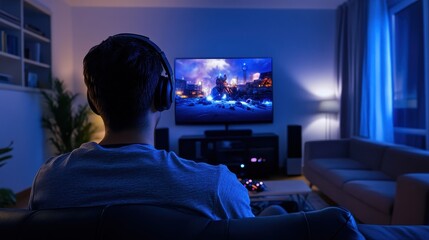Engaging gaming session home digital entertainment cozy living room rear view interactive experience