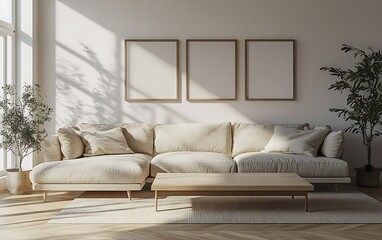 Fototapeta premium Sunlit living room with beige sectional sofa, wooden coffee table, and three framed prints.