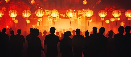 Obraz premium Silhouetted crowd at a lantern festival.