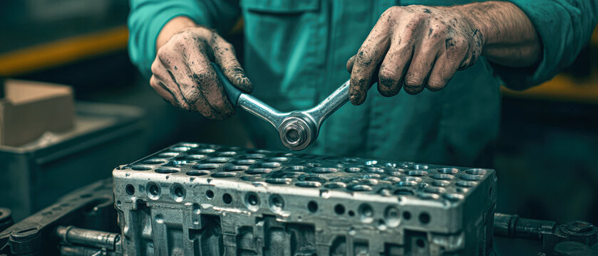 Close-up on engine repair technical expertise in mechanical processes at industrial workshops