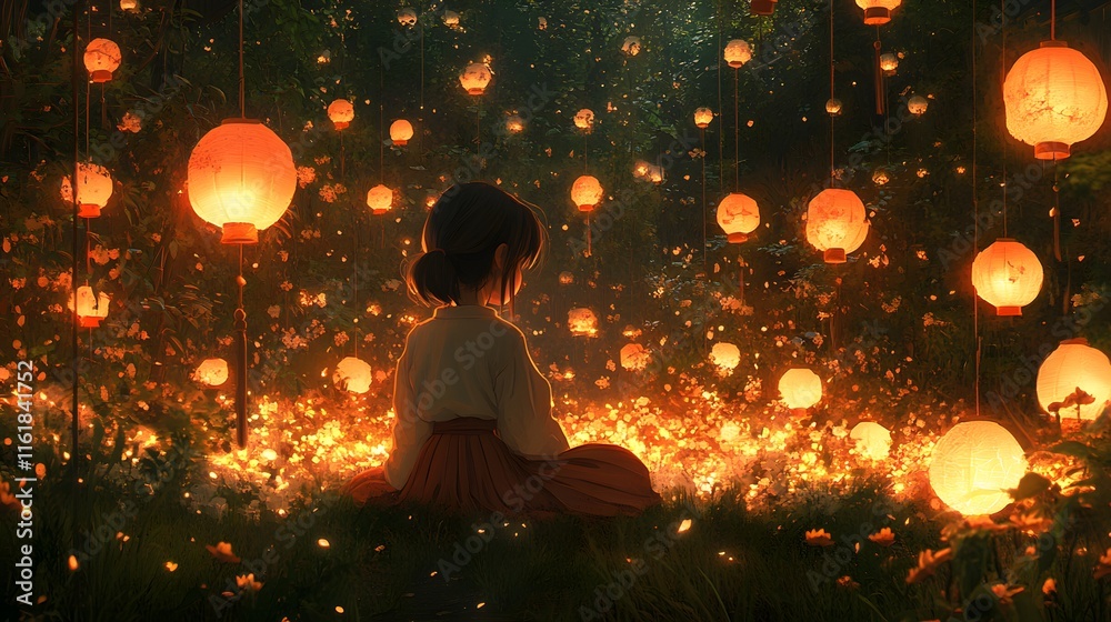Poster lofi anime style illustration of a young girl sits peacefully in an enchanted forest surrounded by n