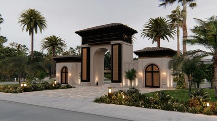 Obraz premium Elegant arched entryway with palm trees and landscaping.