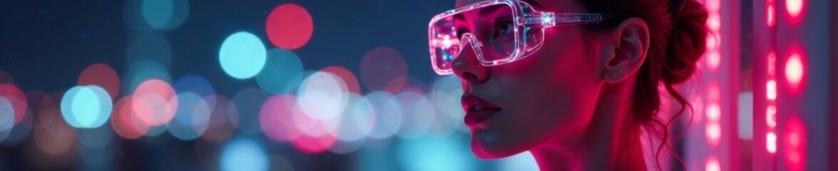 Elegant female visage in futuristic digital spectacles against vibrant bokeh background, wellness, innovation