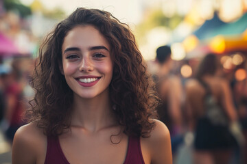A portrait of an attractive woman smiling at the camera, wearing a red tank top, with curly hair and brown eyes, standing in front of a crowd with colorful tents in the background