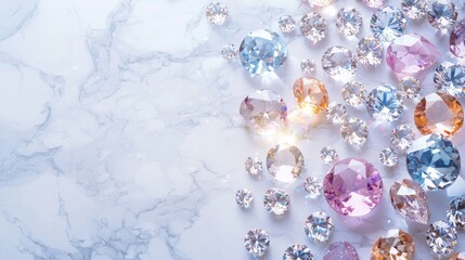 A jewelry background with sparkling diamonds and gemstones scattered elegantly on a marble surfac