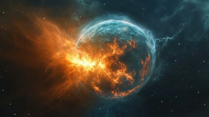 Fiery cosmic explosion impacting a planet, with bright orange and blue flames in space.