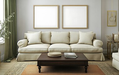 Beige sofa with two empty frames in a living room. Coffee table with magazines and decorative plates.