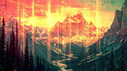 Obraz premium Fiery sunset over snow-capped mountains and evergreen forest.