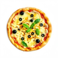 A freshly baked pizza with a golden crust, topped with melted cheese, black olives, and fresh basil leaves, on white background