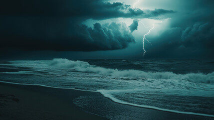 A dramatic stormy seashore, dark clouds looming above a rough ocean, lightning bolts striking the distant horizon