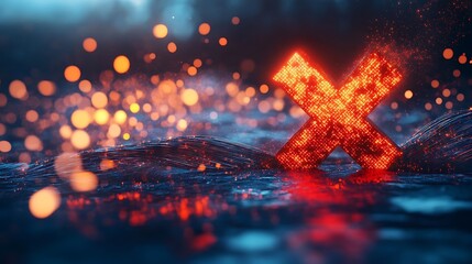 Glowing red X symbol on dark, textured surface.