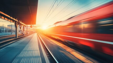Sunset Speed: A Red Train Blazing Through the Station