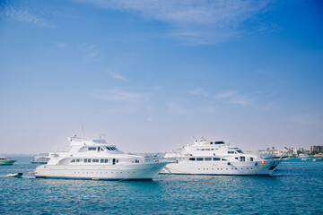 Luxury yachts anchored in sunny coastal harbor with clear blue sky